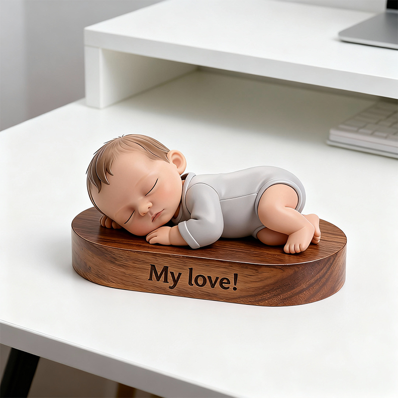 Custom 3D Printed Figure – Personalized Name & Message on Engraved Wooden Base for New Baby Celebration