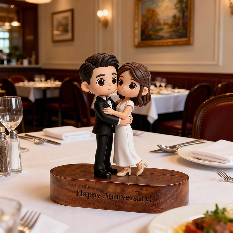 Custom 3D Printed Wedding Anniversary Figure – Personalized Name & Message on Engraved Wooden Base