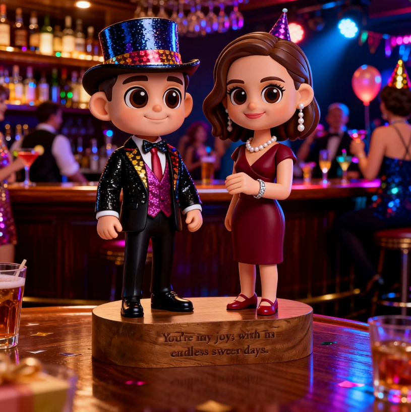 Custom 3D Printed Figure - Engraved Wooden Base - Personalized Name & Message Stand - Party Time