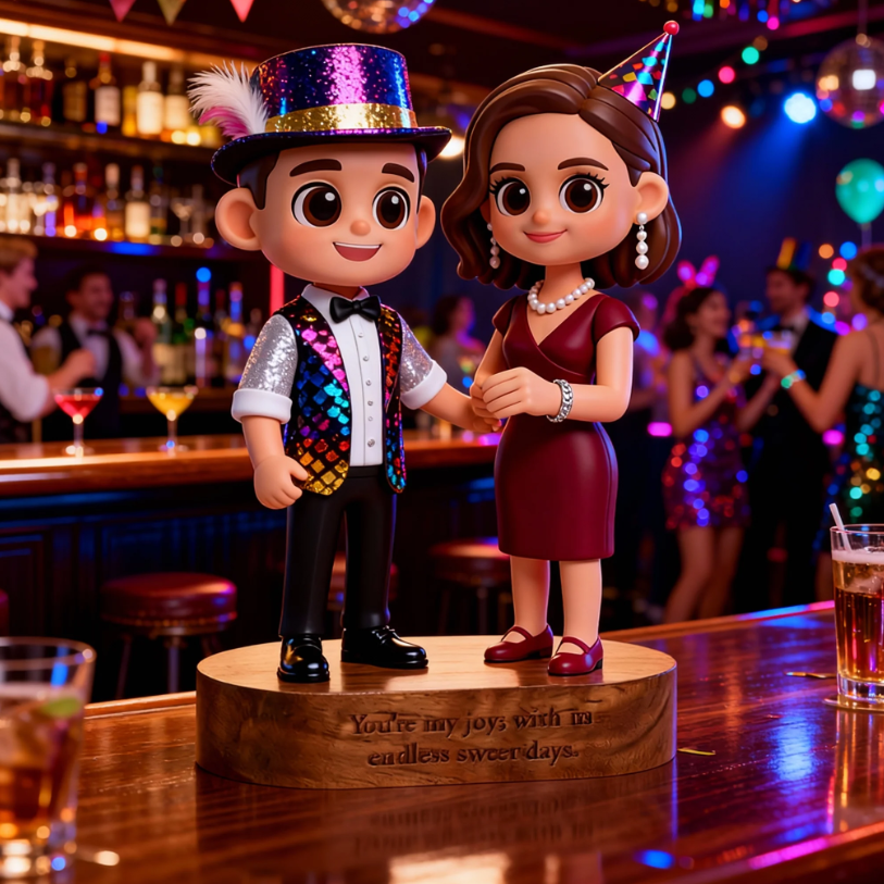 Custom 3D Printed Figure - Engraved Wooden Base - Personalized Name & Message Stand - Party Time