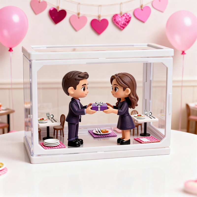 Valentine’s Day 3D Printed Figure Display – Custom Glass Dollhouse Scene for Couples