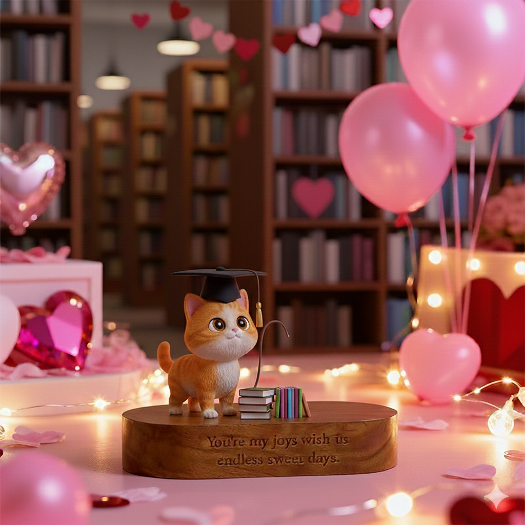 Custom 3D Printed Figure - Engraved Wooden Base - School Love Library - Valentine‘s Day