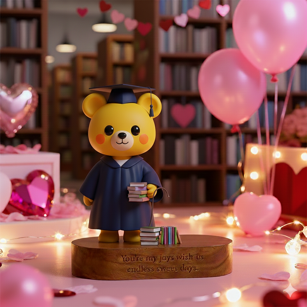 Custom 3D Printed Figure - Engraved Wooden Base - School Love Library - Valentine‘s Day