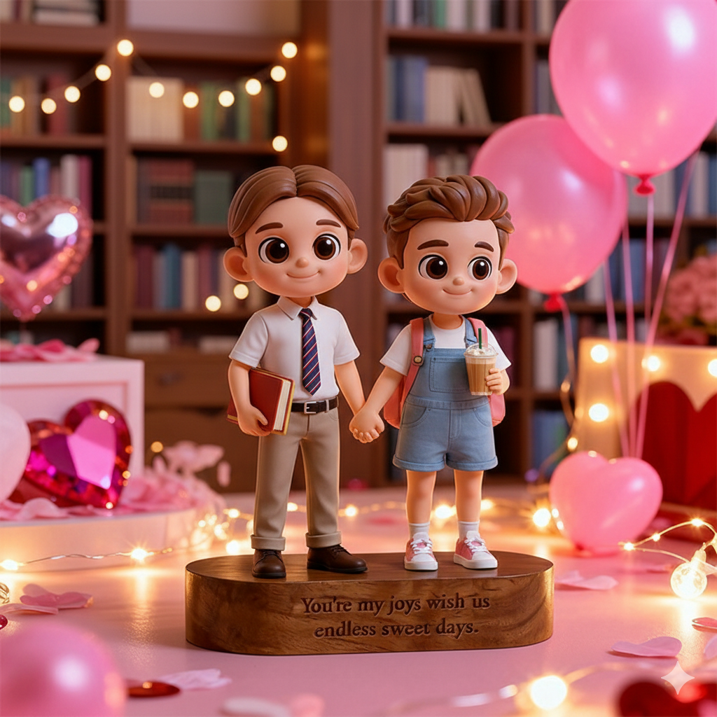 Custom 3D Printed Figure - Engraved Wooden Base - School Love Library - Valentine‘s Day