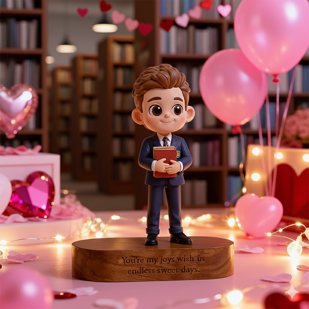Custom 3D Printed Figure - Engraved Wooden Base - School Love Library - Valentine‘s Day
