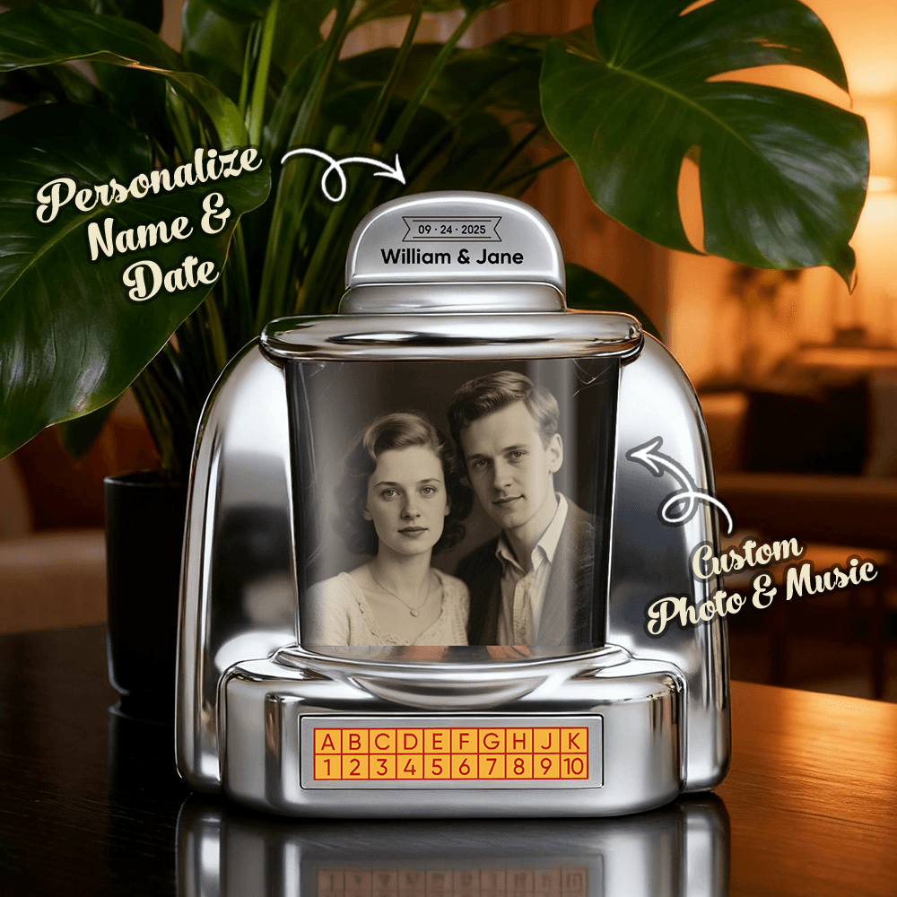 Custom Photo Names & Date Jukebox Retro Speaker Music Mini Player with Radio Vintage Tabletop Home Decor Christmas Nostalgic Gift