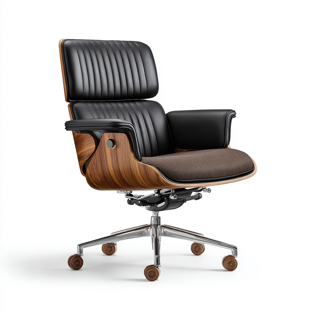 Chaise de bureau - simili cuir noir et bois - assise en tissu brun - 111x67x68 cm - accoudoirs rembourrés - hauteur réglable - piètement à roulettes métal chromé - design ergonomique contemporain-Shelterora