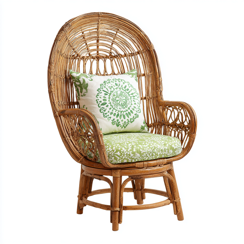 Fauteuil de jardin en rotin tressé 72x78x110 cm - naturel/vert motif floral - haut dossier enveloppant - style bohème chic-Shelterora