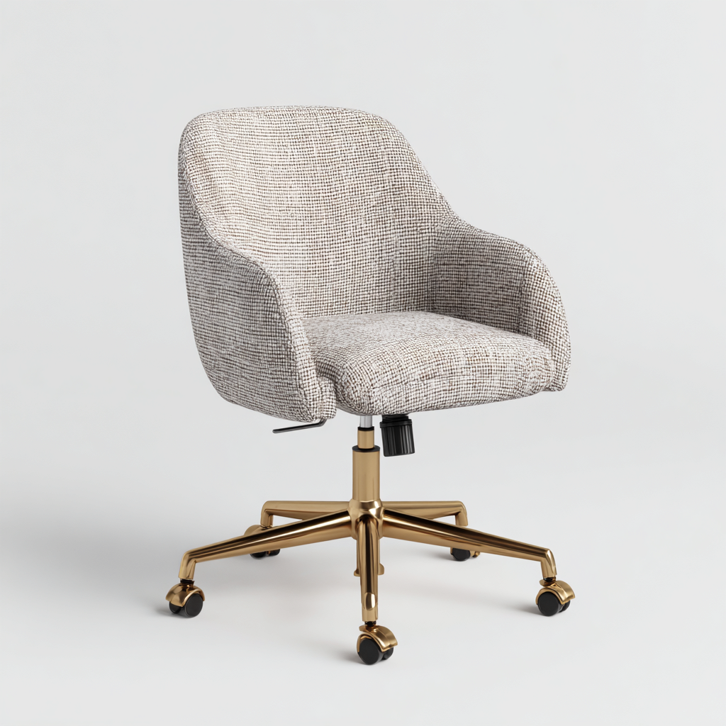 Chaise de bureau - tissu texturé gris/beige - 92x56x61 cm - accoudoirs intégrés - hauteur réglable - piètement à roulettes métal doré - design moderne ergonomique-Shelterora