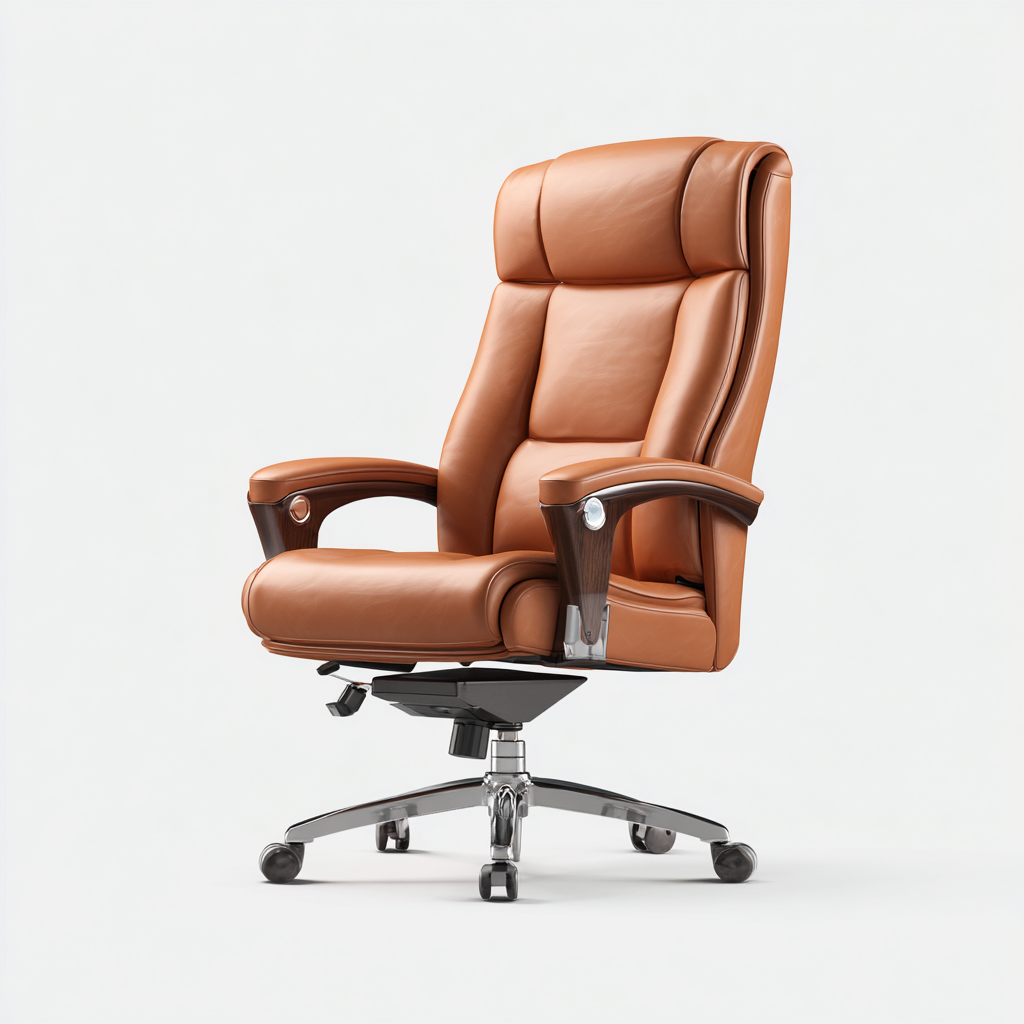 Chaise de bureau - cuir véritable marron clair - 120x68x72 cm - dossier haut ergonomique - accoudoirs rembourrés bois et métal - base pivotante à roulettes - design exécutif-Shelterora