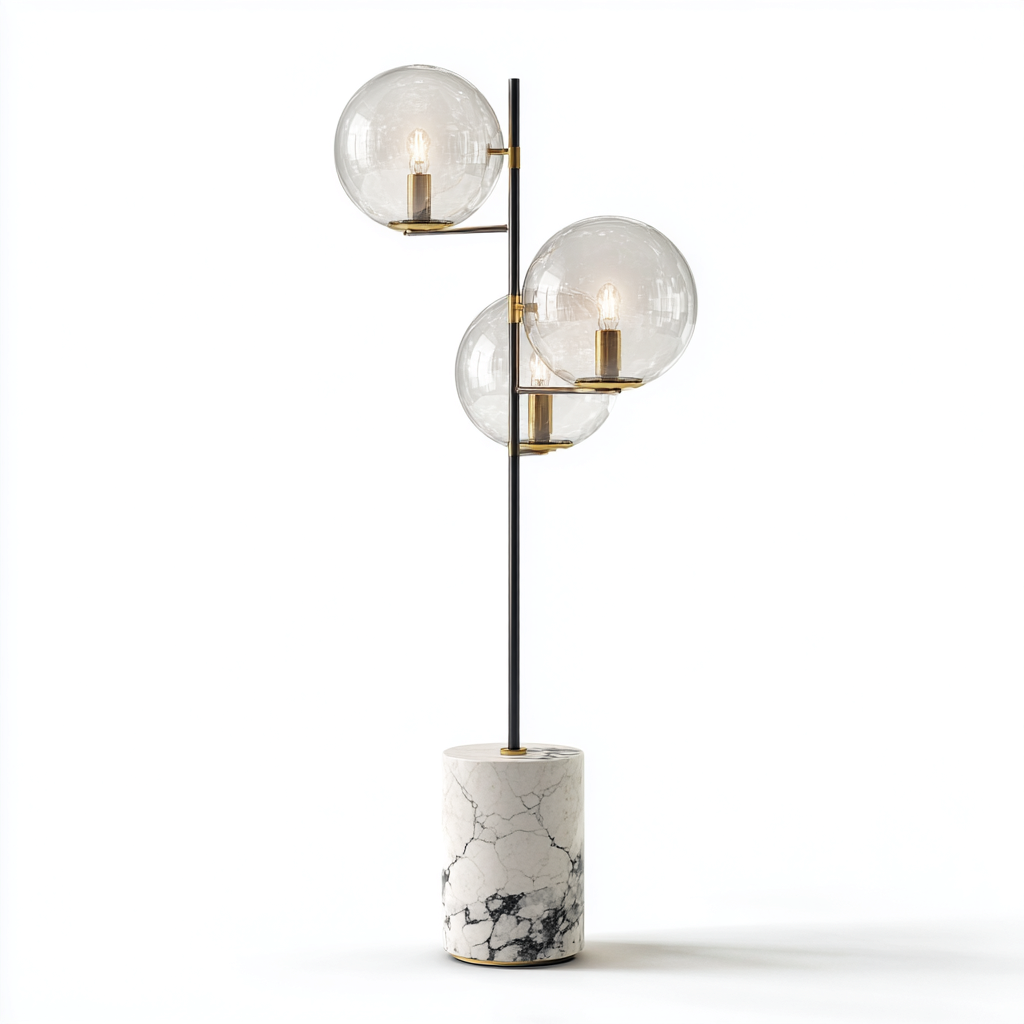 Lampadaire en métal et verre 160x40x40 cm - base en marbre blanc - style moderne à 3 globes-Shelterora