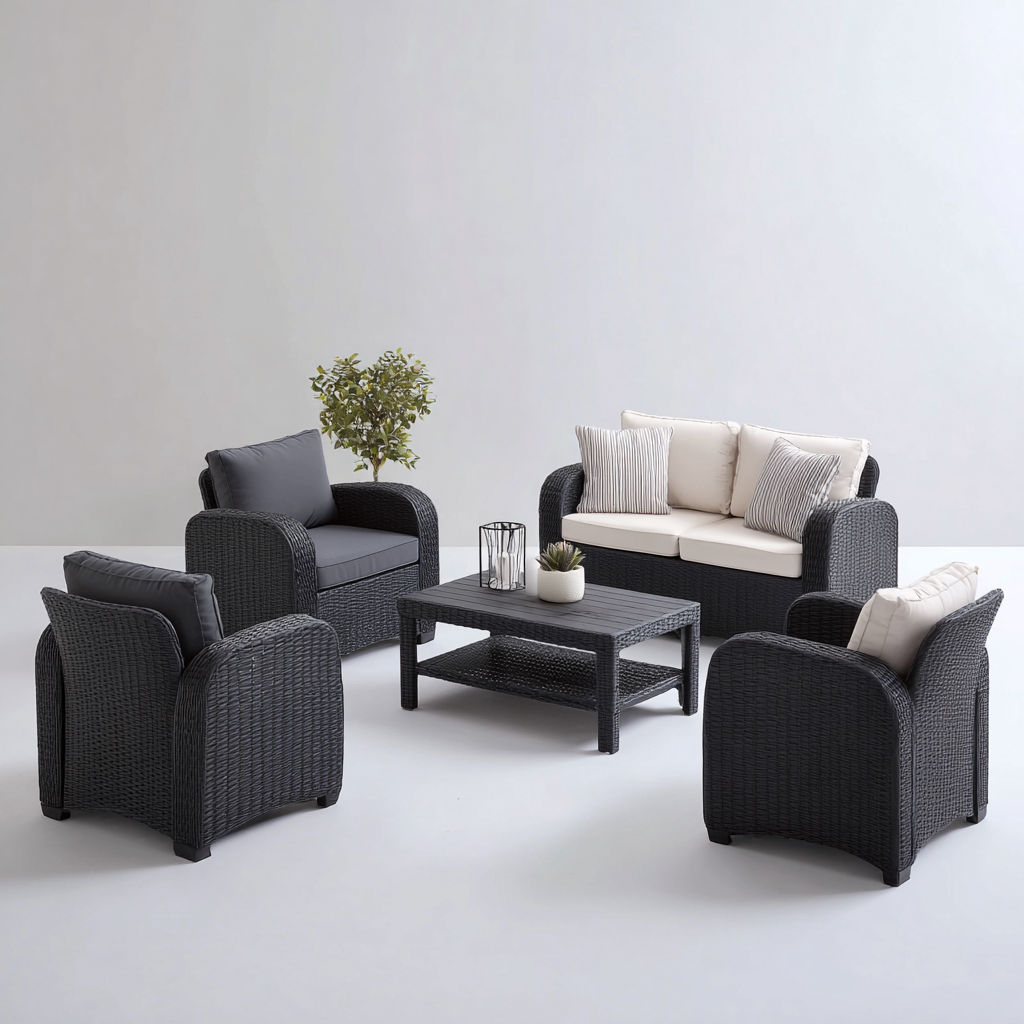 Salon de jardin en résine tressée 2 places 120x70x75 cm + 3 fauteuils 70x70x75 cm + table basse 90x55x40 cm - noir/gris - usage extérieur - design moderne-Shelterora