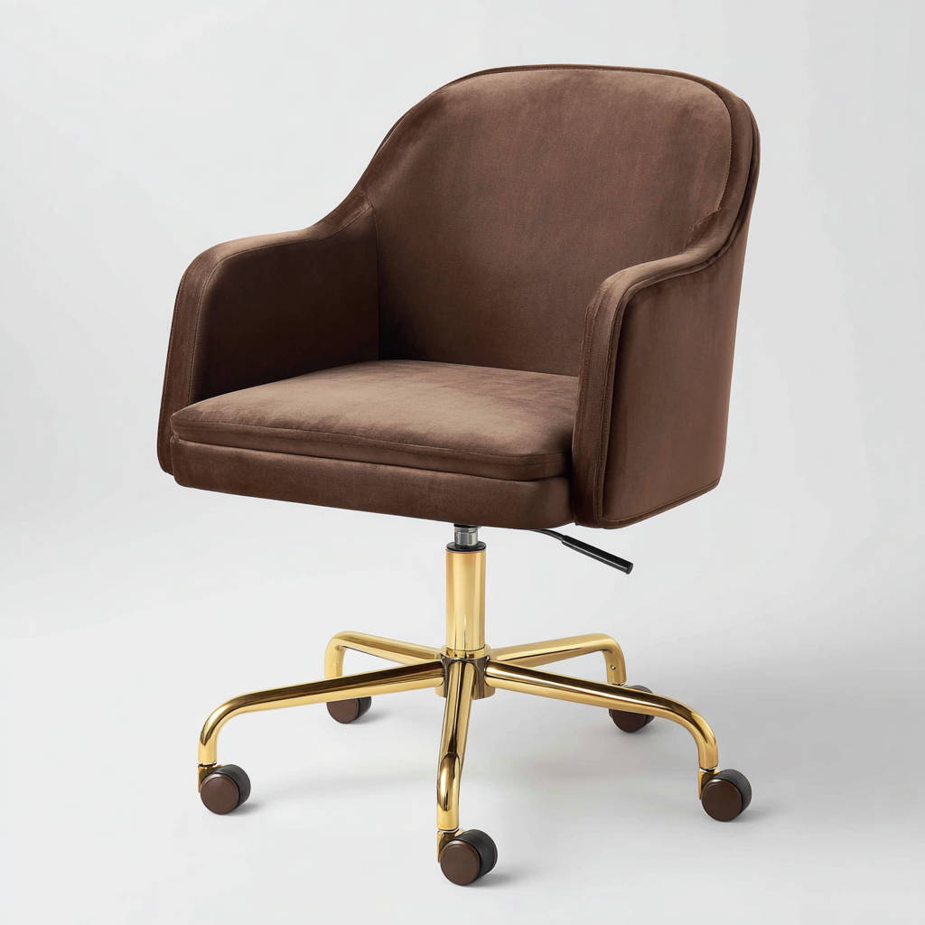 Chaise de bureau - velours marron - 92x55x60 cm - accoudoirs intégrés - hauteur réglable - piètement à roulettes métal doré - design moderne ergonomique-Shelterora