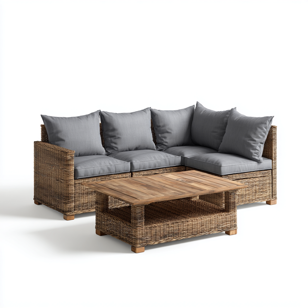 Salon de jardin d'extérieur en rotin tressé et bois 210x145x72 cm - gris - style naturel et convivial - avec table basse fonctionnelle et assises confortables-Shelterora