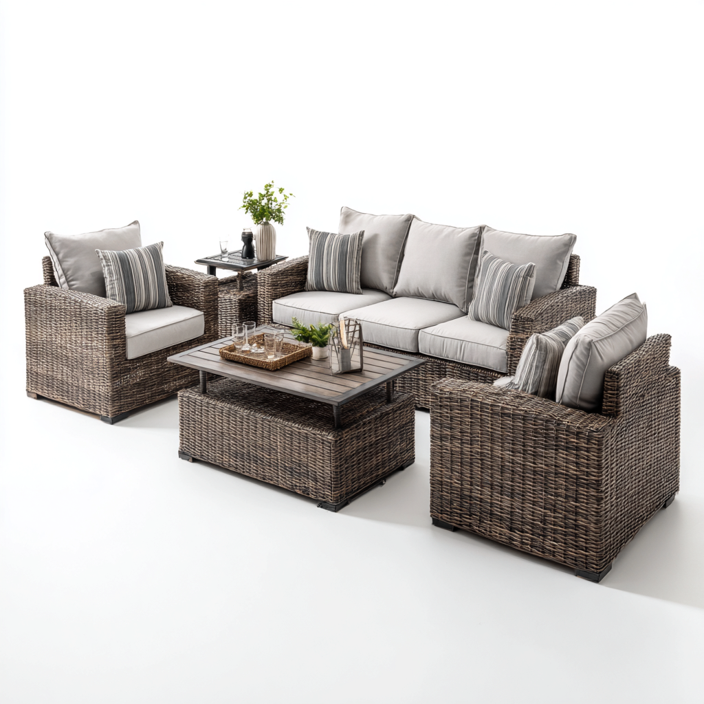 Salon de jardin avec canapé d'extérieur en résine tressée 3 places 190x80x75 cm + 2 fauteuils + table basse 100x60x45 cm avec coussins gris - style moderne - pour terrasse ou jardin-Shelterora