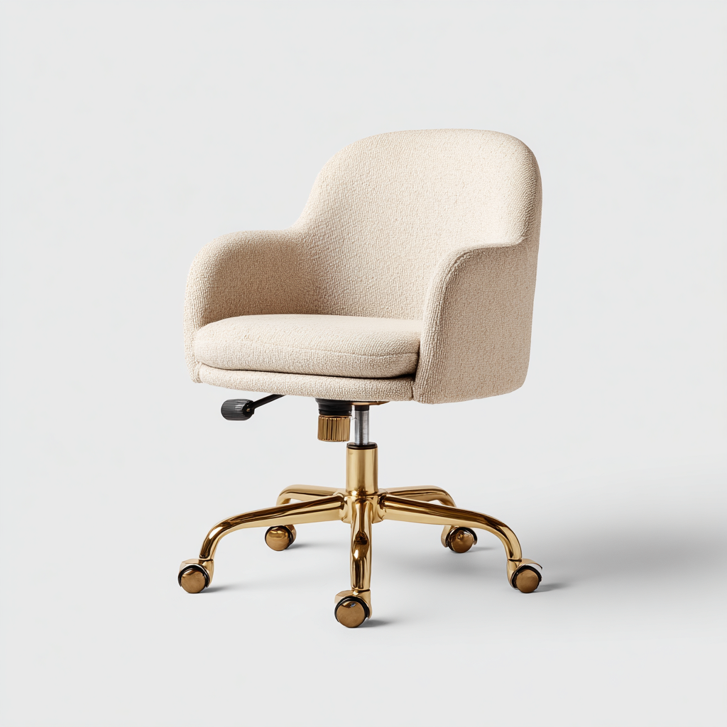 Chaise de bureau - tissu beige - 90x54x59 cm - accoudoirs intégrés - hauteur réglable - piètement à roulettes métal doré - design moderne ergonomique-Shelterora