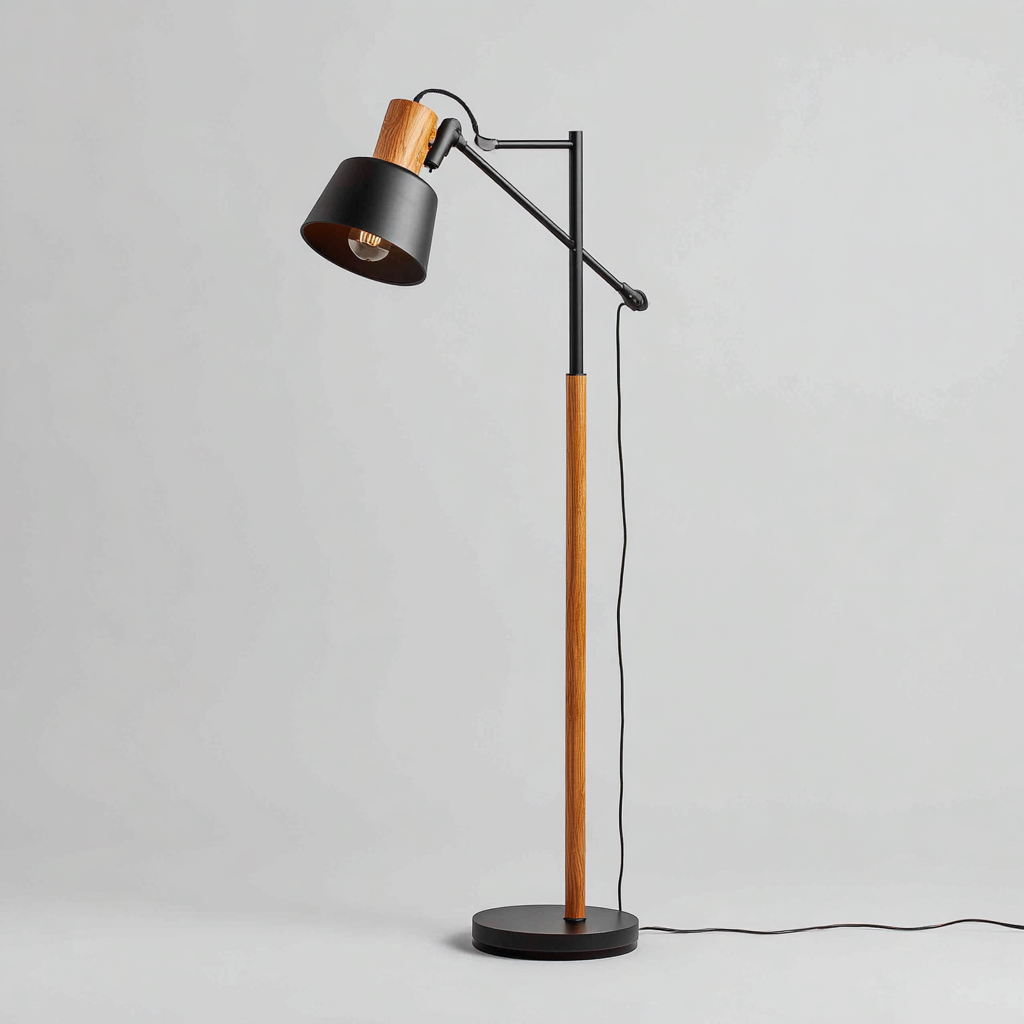 Lampe sur pied - métal et bois - abat-jour orientable noir - 160x35 cm - style industriel-Shelterora