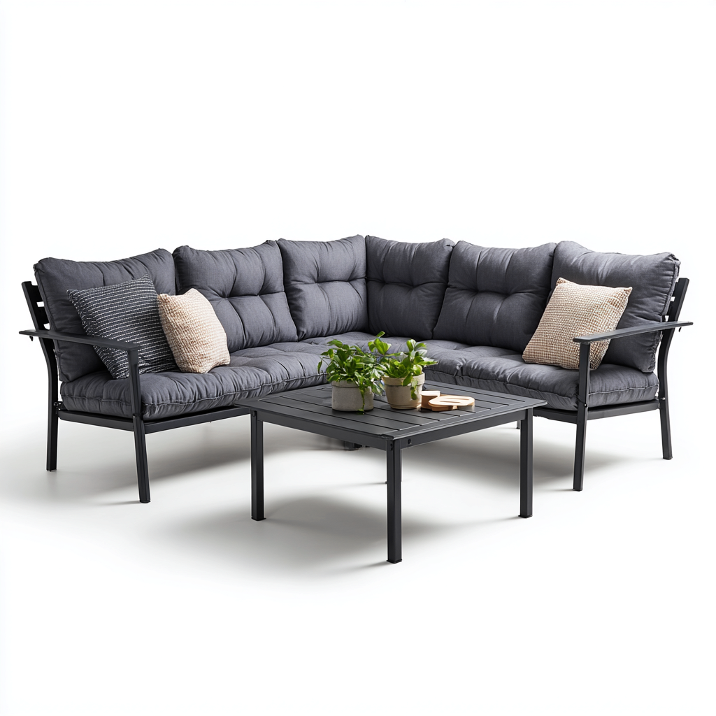 Canapé d'extérieur d'angle en aluminium 210x210x75 cm avec coussins gris - style moderne - pour jardin ou terrasse-Shelterora