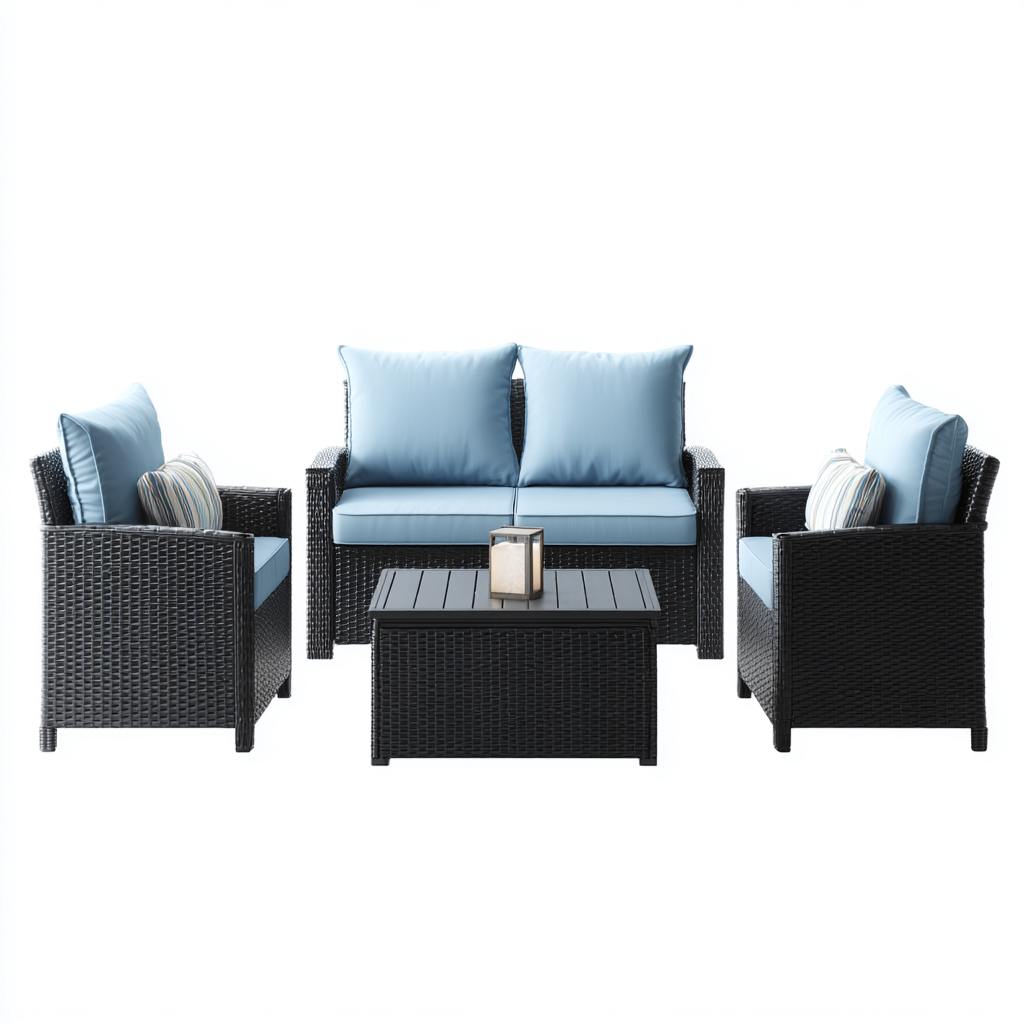 Salon de jardin d'extérieur en résine tressée noire et tissu 4 pièces 200x140x78 cm - bleu - style moderne et élégant - avec table basse pratique et assises confortables-Shelterora