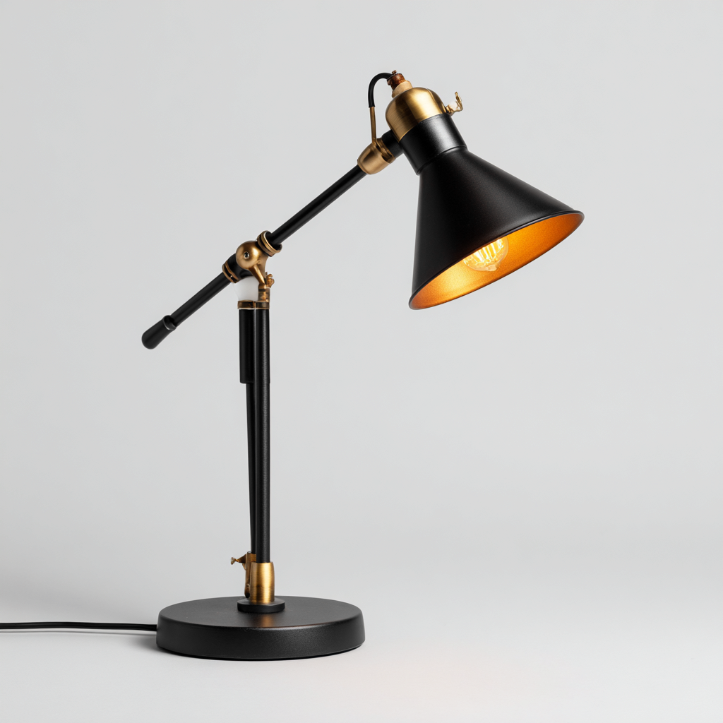 Lampe de bureau - métal noir et laiton - abat-jour conique orientable - 50x21 cm - style vintage industriel-Shelterora