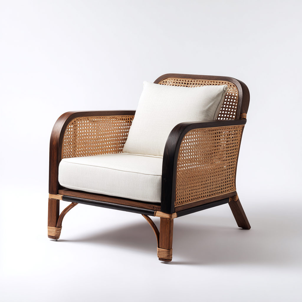 Fauteuil de jardin en rotin et bois 74x78x92 cm - naturel/marron/blanc - assise avec coussins - style contemporain-Shelterora