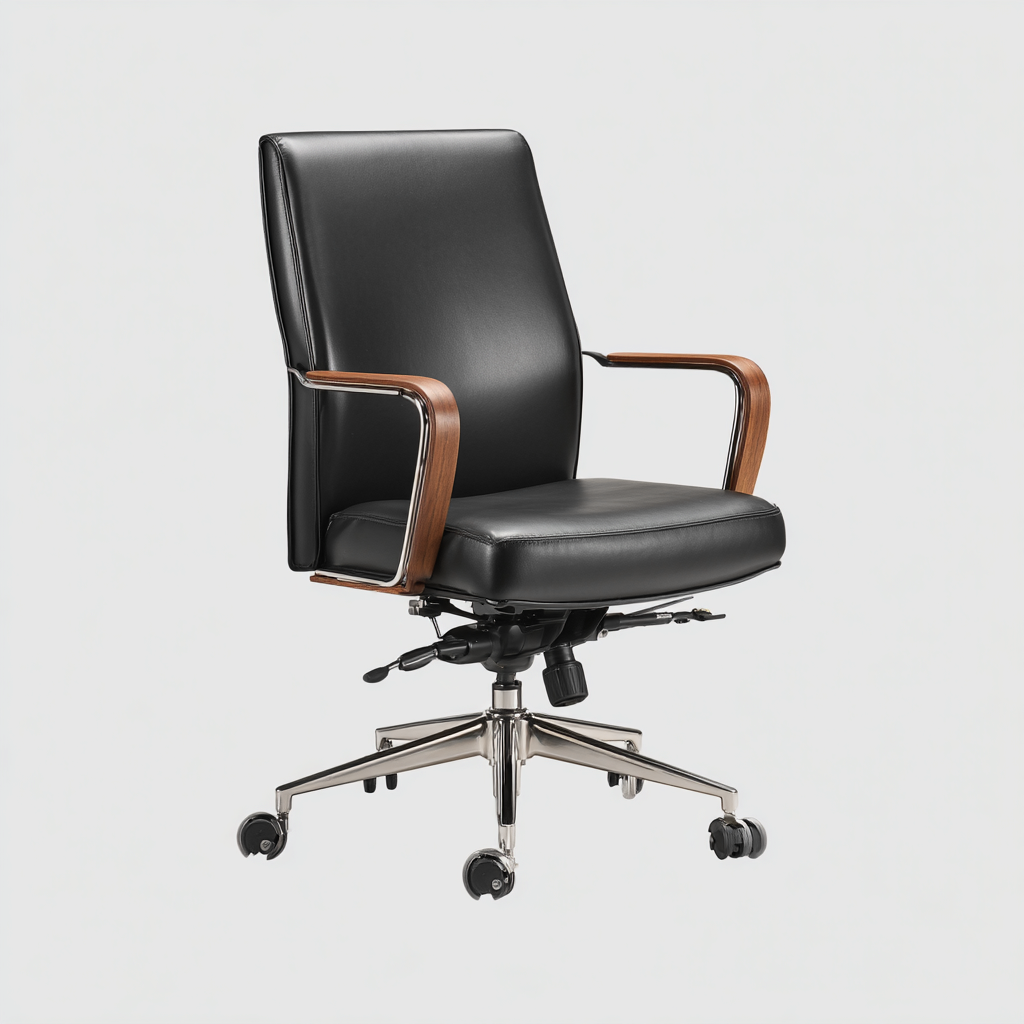 Chaise de bureau - simili cuir noir et bois - 112x66x68 cm - accoudoirs en bois - hauteur réglable - piètement à roulettes chromé - design ergonomique-Shelterora