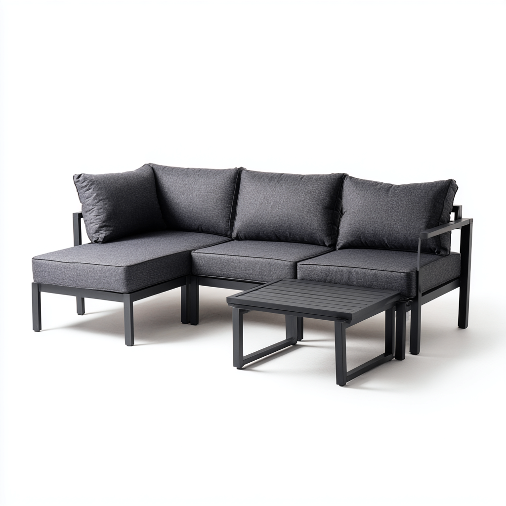 Salon de jardin d'extérieur en métal et tissu 210x145x75 cm - gris foncé - style moderne et minimaliste - canapé d'angle avec table basse assortie-Shelterora