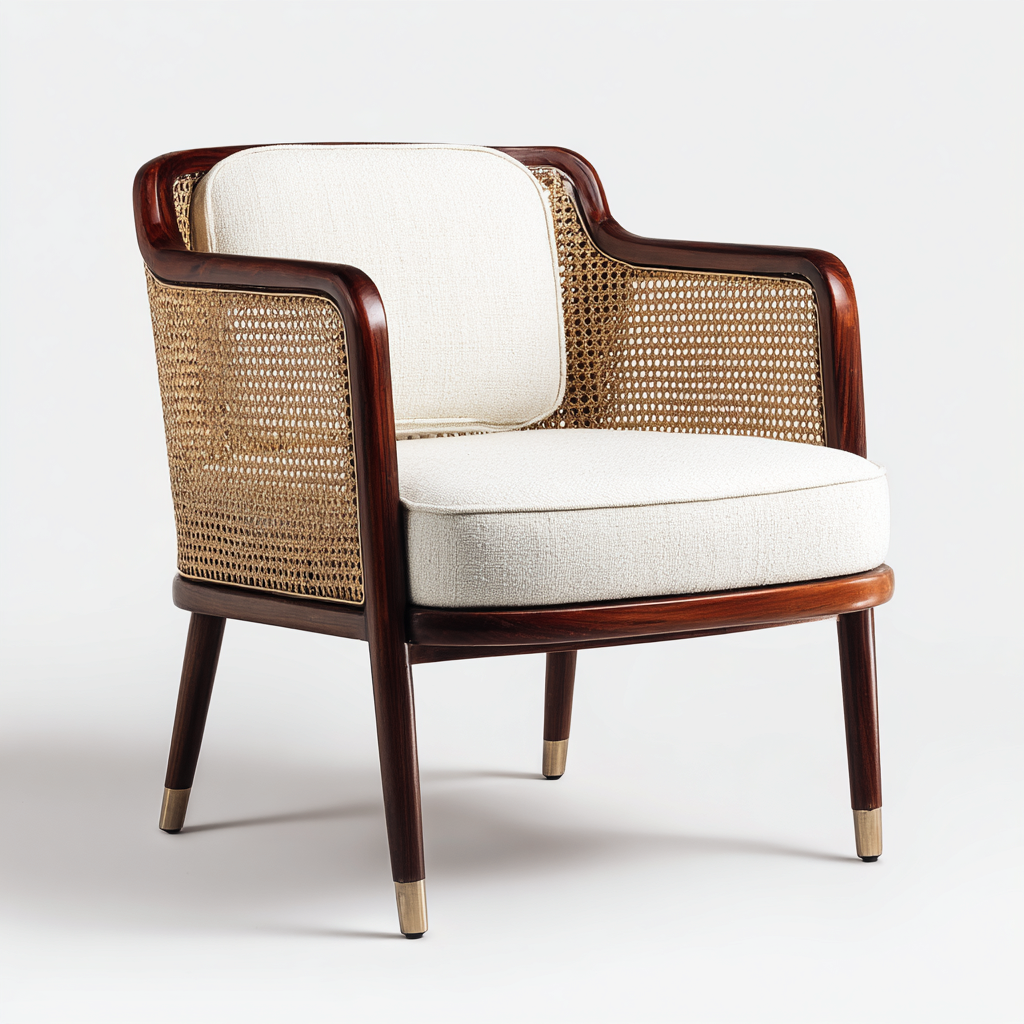 Fauteuil de jardin en rotin et bois 72x76x88 cm - naturel/marron/blanc - accoudoirs en bois foncé avec coussins - style rétro élégant-Shelterora