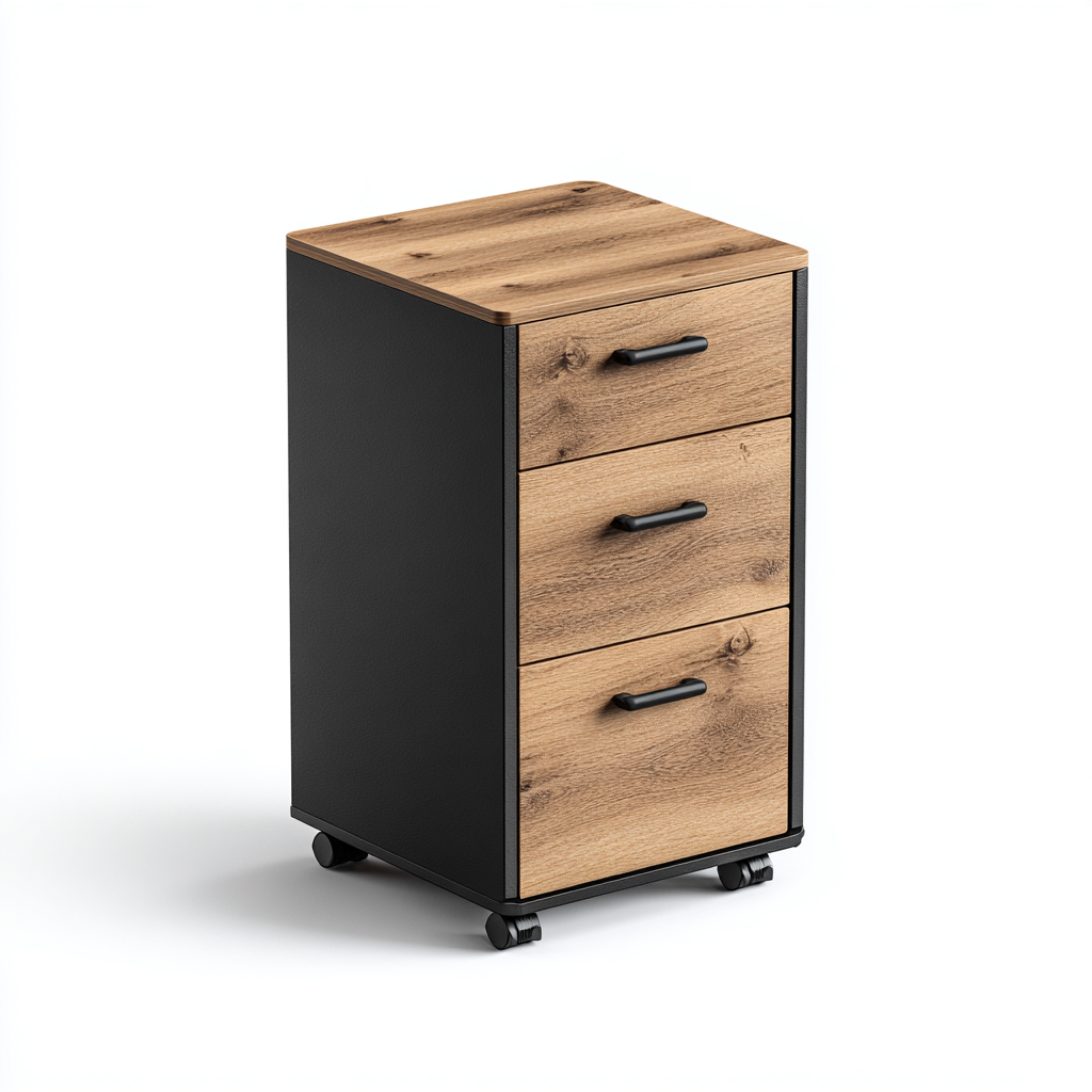 Fichier de classement métal et bois 3 tiroirs 42x50x73 cm - noir/chêne - avec roulettes-Shelterora