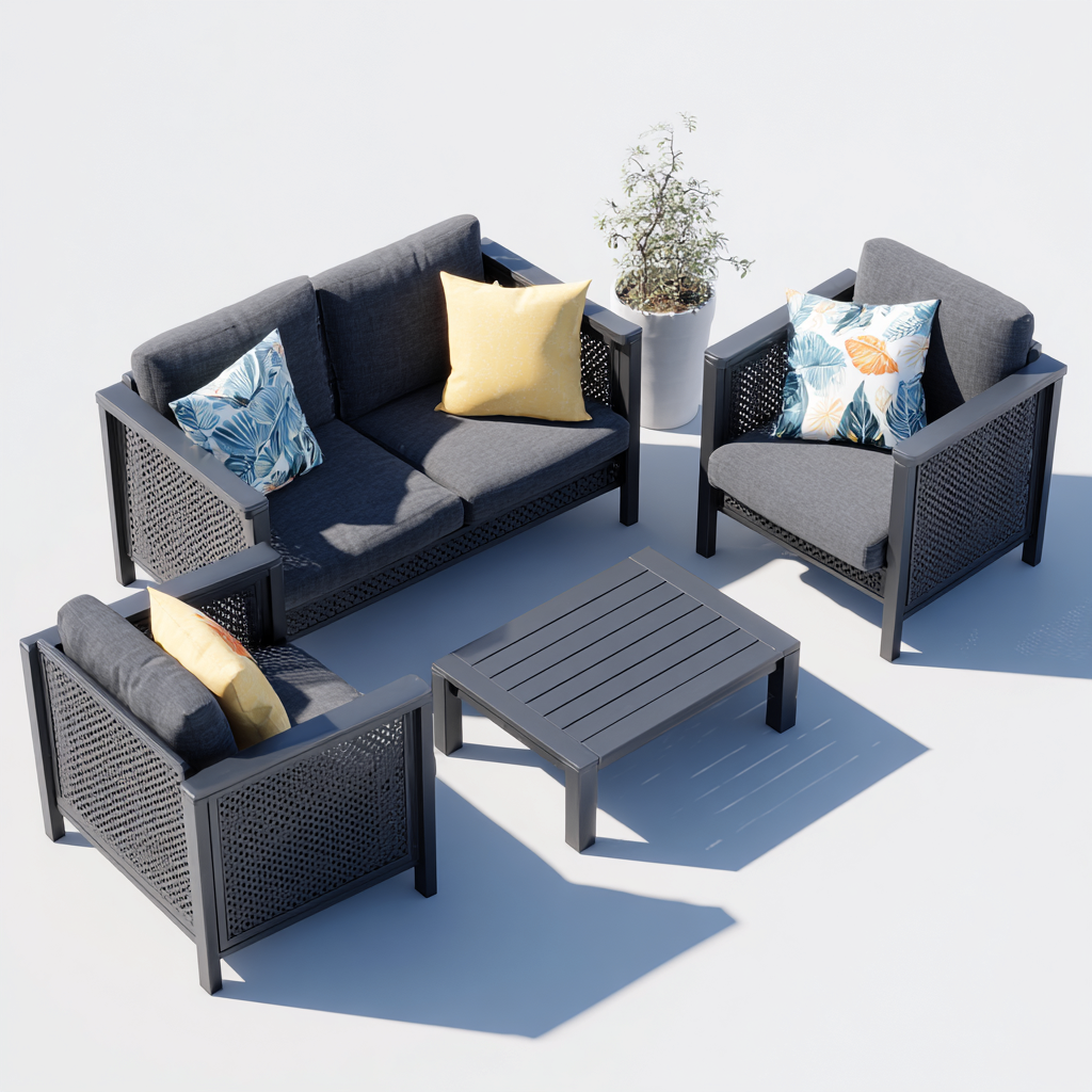 Salon de jardin en résine tressée noire avec coussins gris - 1 canapé 2 places + 2 fauteuils + table basse - design moderne et résistant aux intempéries-Shelterora