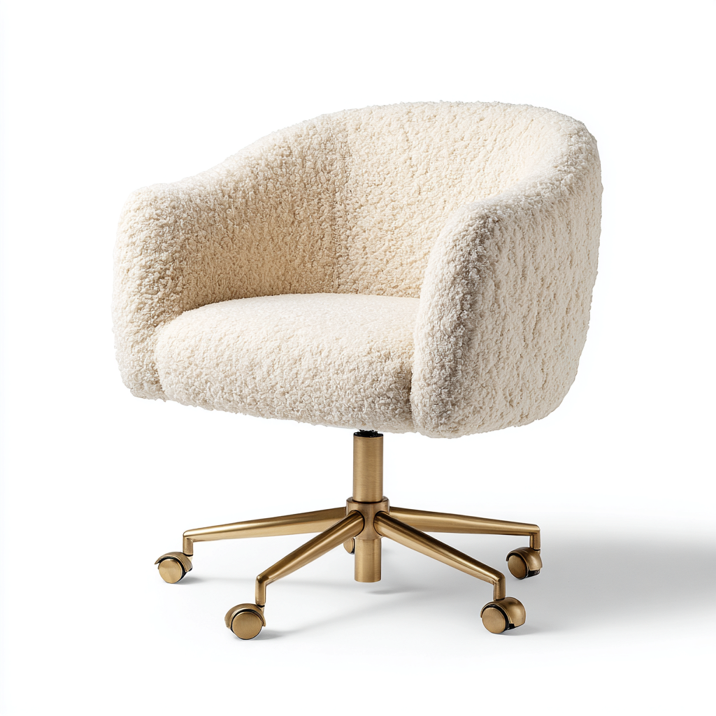 Chaise de bureau en tissu bouclette beige avec base dorée - design vintage réglable 101x57x61 cm-Shelterora