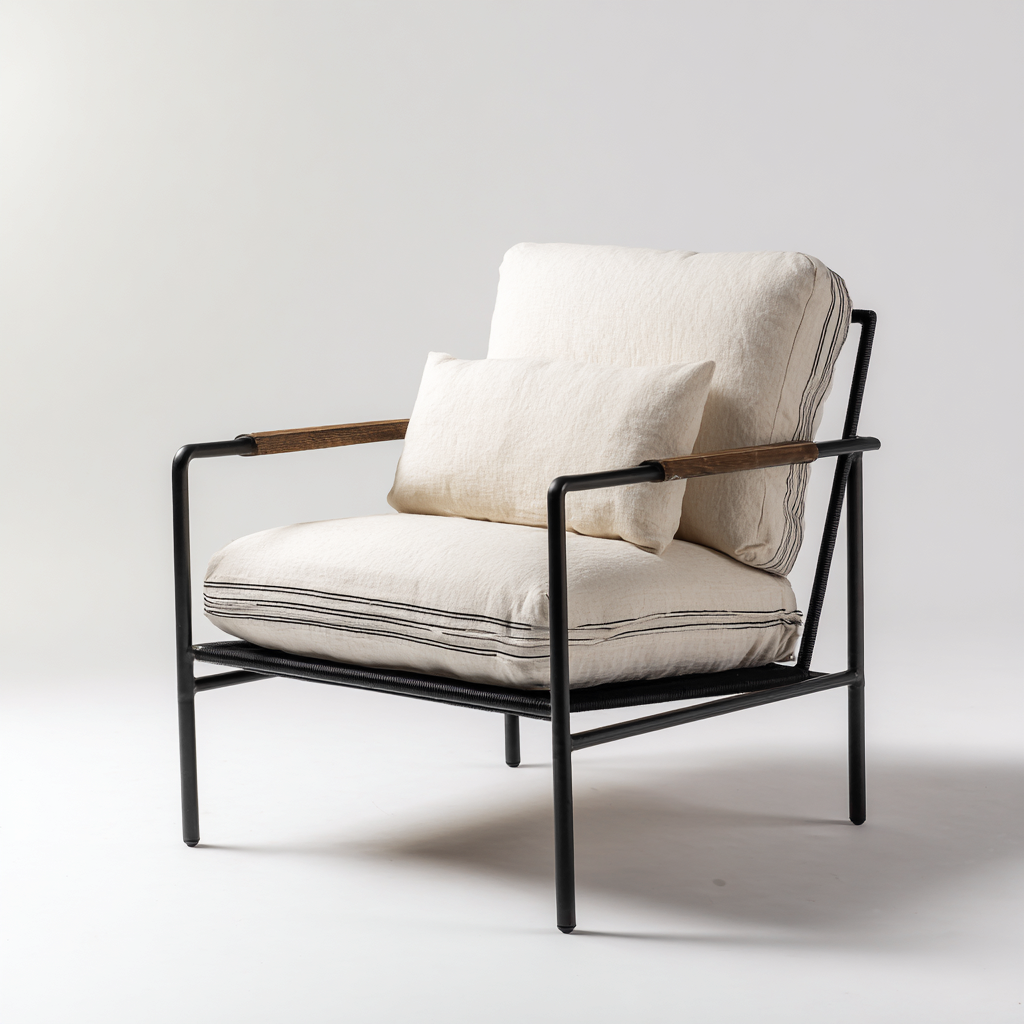 Fauteuil en tissu avec structure métallique et accoudoirs bois 86x90x95 cm - beige - style industriel moderne-Shelterora