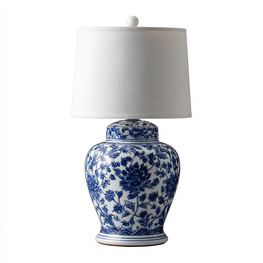 Lampe de table en céramique - porcelaine bleue et blanche - 60x35 cm - style classique - avec abat-jour en lin-Shelterora