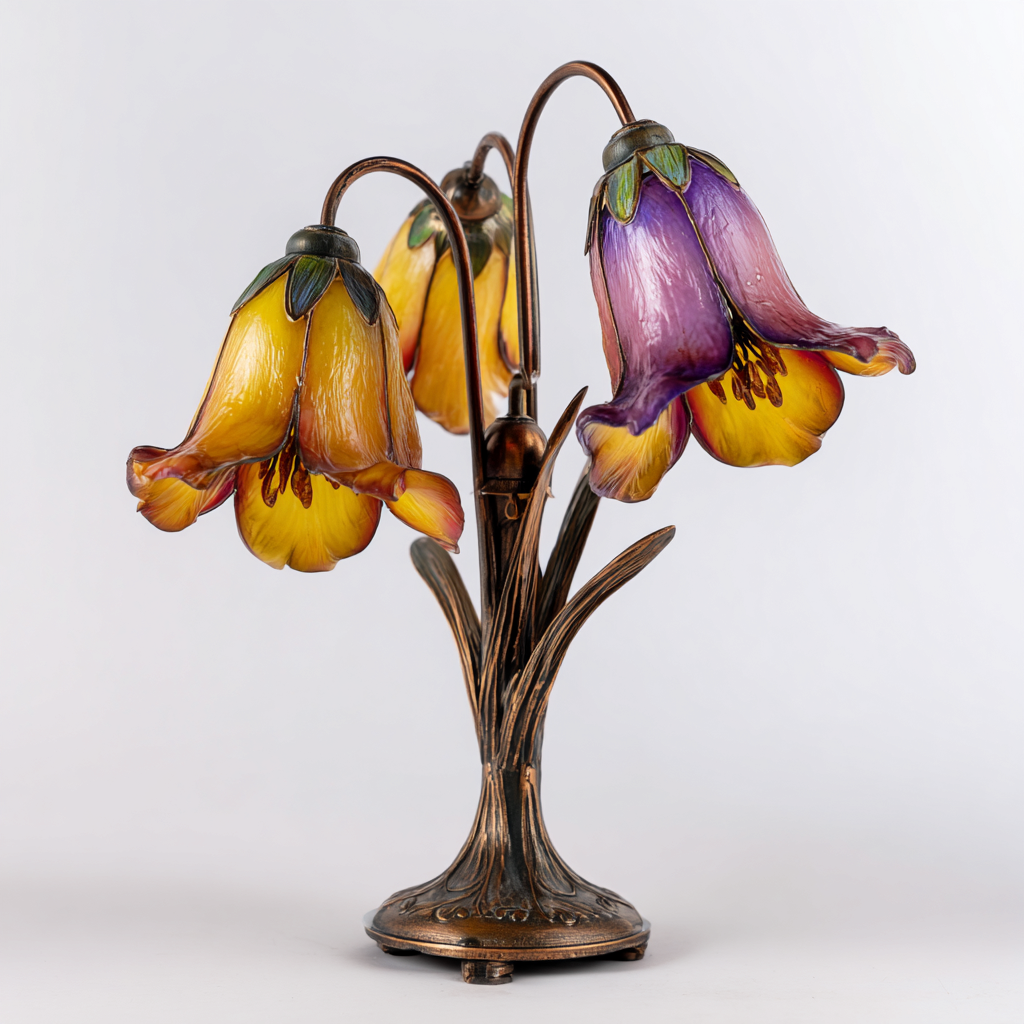 Lampe de table - métal bronze et verre coloré - abat-jour en forme de fleurs - 48x30 cm - style art nouveau-Shelterora