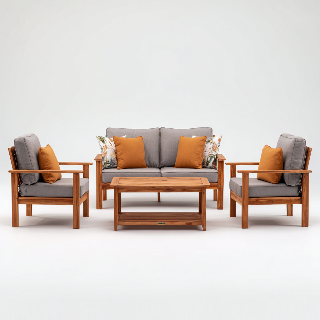 Salon de jardin en teck massif avec coussins gris - 1 canapé 2 places + 2 fauteuils + table basse - style naturel contemporain-Shelterora