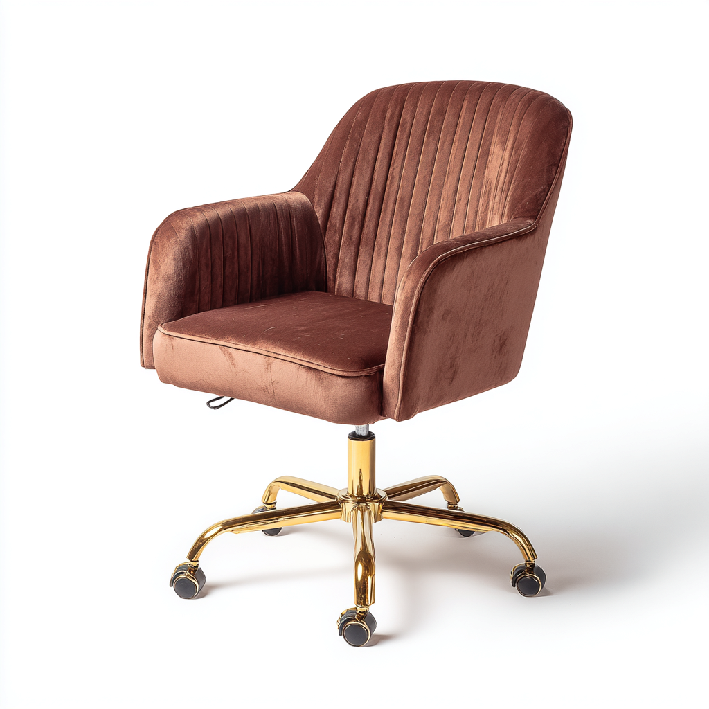 Chaise de bureau - velours marron - 93x56x61 cm - accoudoirs intégrés - hauteur réglable - piètement à roulettes métal doré - design moderne ergonomique-Shelterora