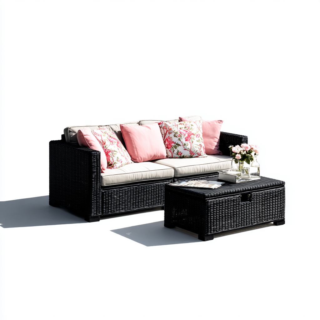 Canapé d'extérieur 3 places en résine tressée noire 185x80x75 cm avec coussins beige + table basse 90x55x40 cm - style élégant - pour jardin ou terrasse-Shelterora