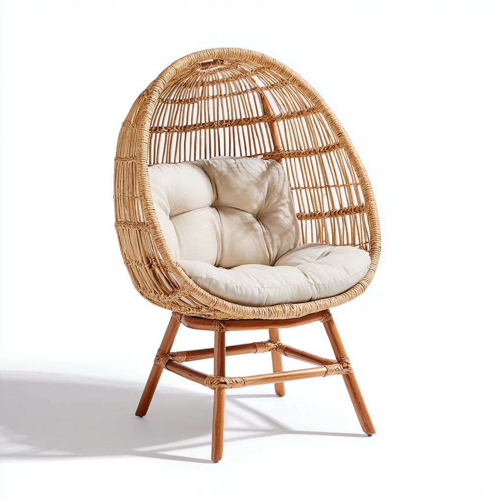 Fauteuil de jardin en rotin tressé 78x80x115 cm - naturel/beige - forme œuf enveloppante - style lounge bohème-Shelterora