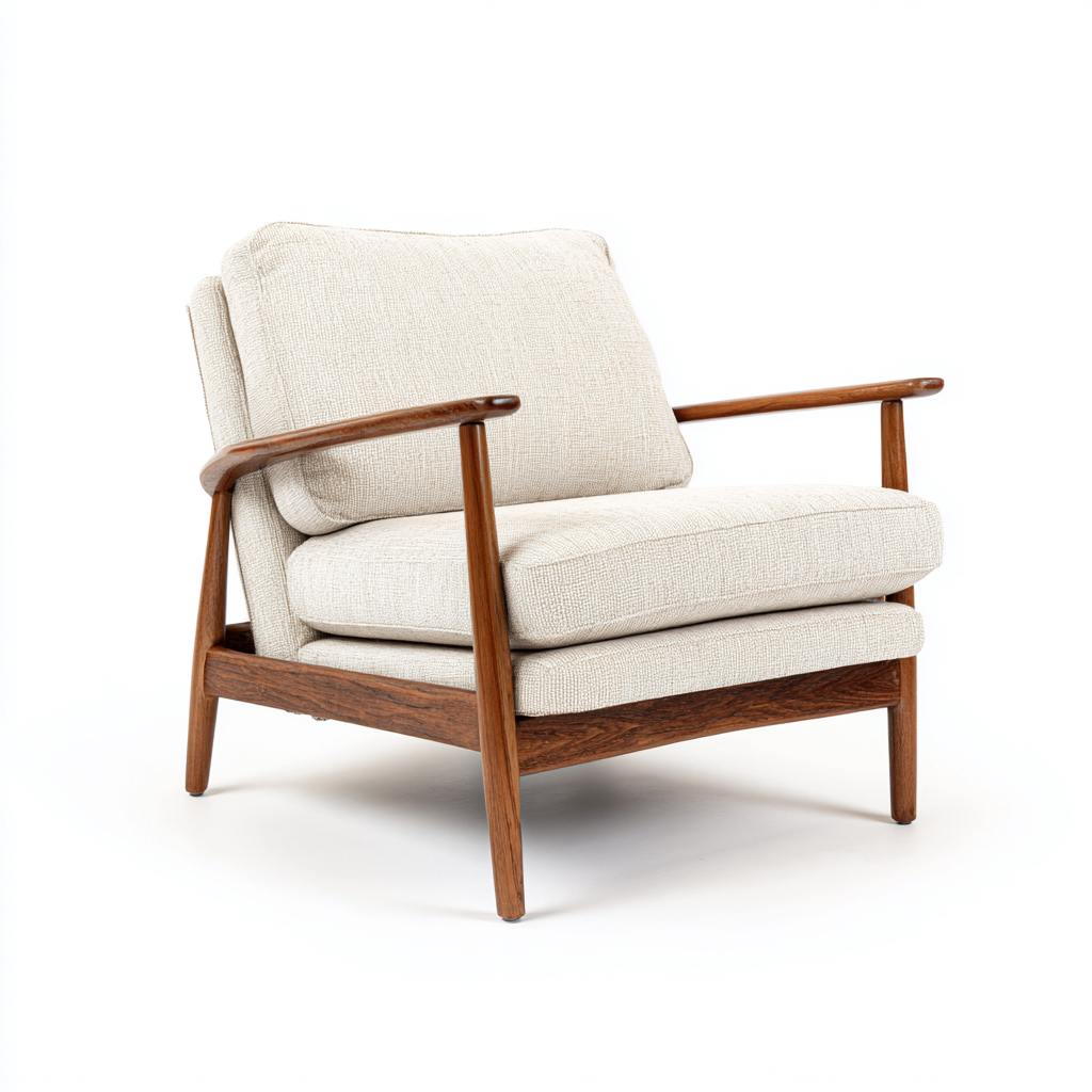 Fauteuil en bois avec accoudoirs 82x85x90 cm - tissu beige - style scandinave vintage confortable-Shelterora