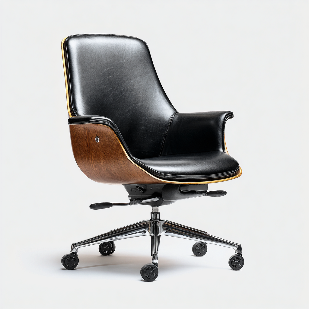 Chaise de bureau - simili cuir noir et bois - 108x65x67 cm - accoudoirs intégrés - hauteur réglable - piètement à roulettes chromé - design ergonomique-Shelterora