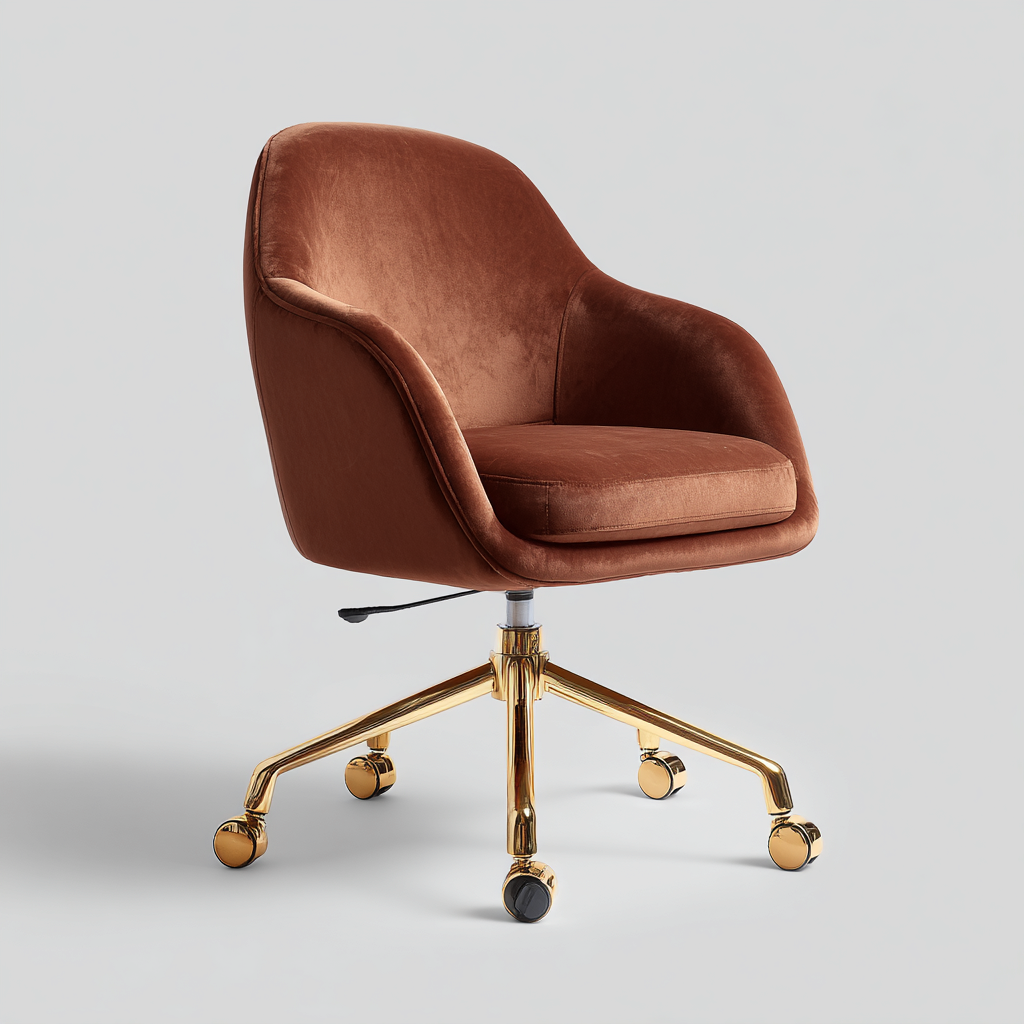 Chaise de bureau en velours brun avec base dorée - design moderne réglable 102x58x61 cm-Shelterora