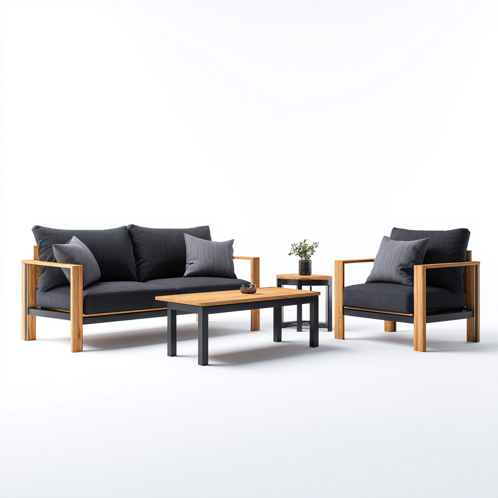 Canapé d'extérieur 2 places en aluminium et bois 150x80x75 cm + fauteuil 80x80x75 cm + table basse 100x60x45 cm + table d'appoint 50x50x45 cm - style moderne - pour jardin ou terrasse-Shelterora