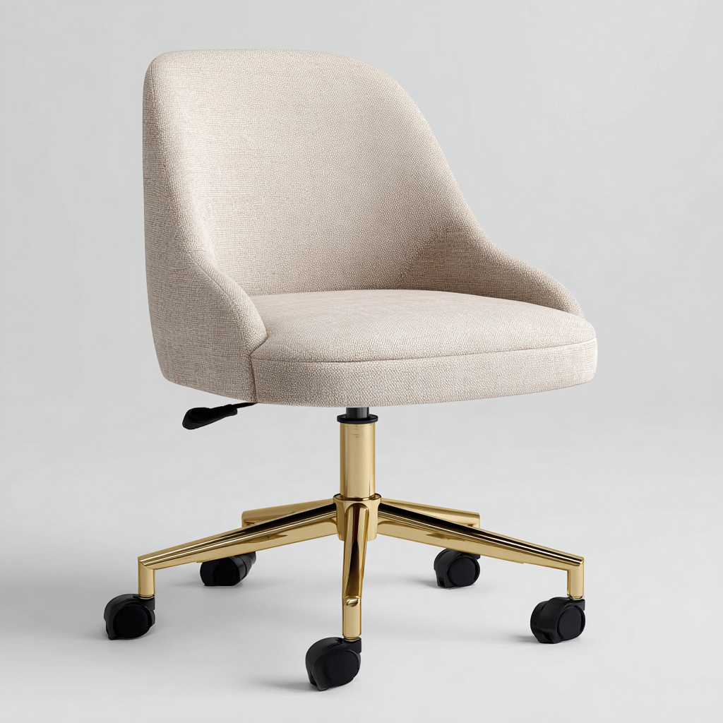 Chaise de bureau - tissu beige clair - 91x55x60 cm - accoudoirs intégrés - hauteur réglable - piètement à roulettes métal doré - design moderne ergonomique-Shelterora