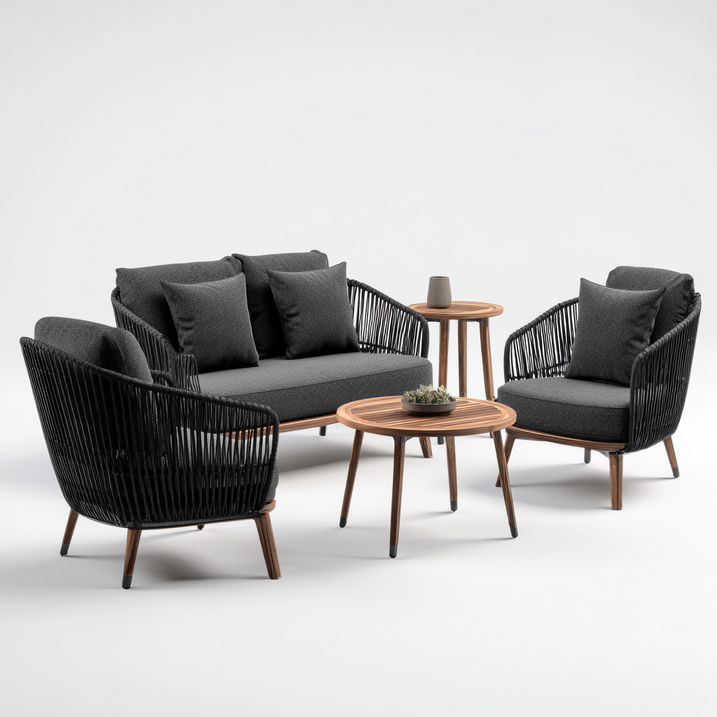 Canapé d'extérieur 2 places en corde tressée noire 140x80x75 cm + 2 fauteuils 80x80x75 cm + table basse ronde 70x70x45 cm + table d'appoint 45x45x50 cm - style contemporain - pour jardin ou terrasse-Shelterora