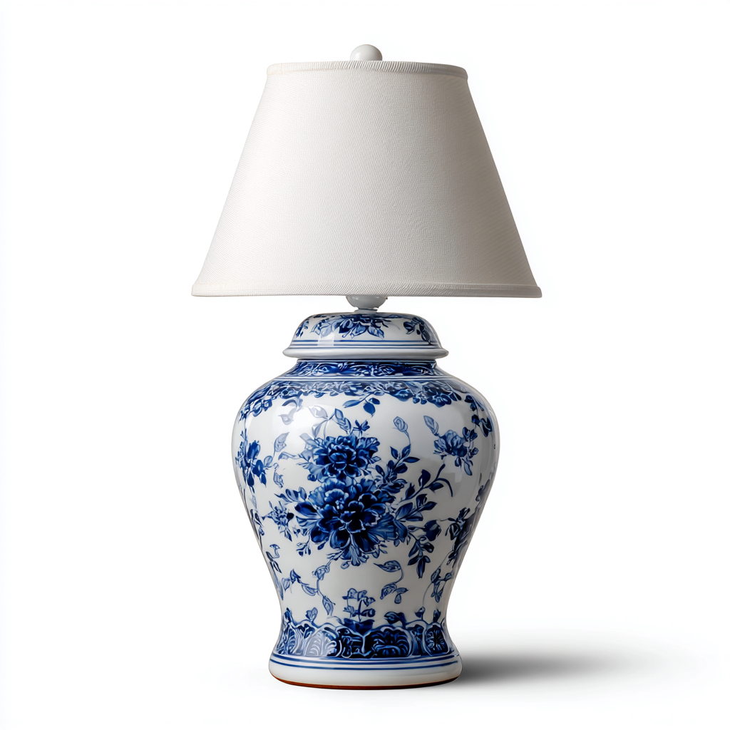 Lampe de table en porcelaine bleue et blanche avec abat-jour textile - 58x34x34 cm - style classique oriental-Shelterora