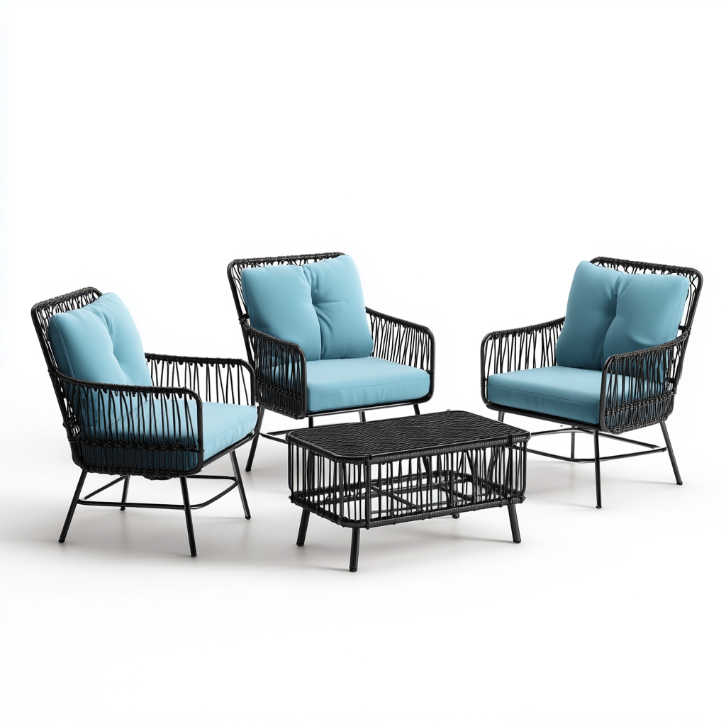 Salon de jardin d'extérieur en rotin tressé noir et tissu 4 pièces 200x140x75 cm - bleu - style moderne et convivial - avec table basse fonctionnelle et assises confortables-Shelterora
