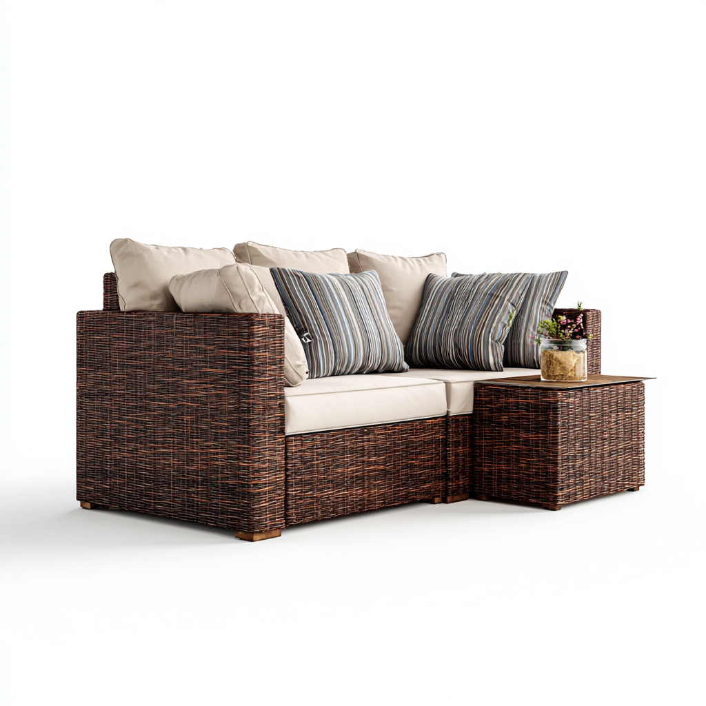 Salon de jardin d'extérieur en résine tressée marron avec coussins 2 pièces 160x80x75 cm - beige/marron - style naturel et moderne - canapé deux places avec table d'appoint-Shelterora