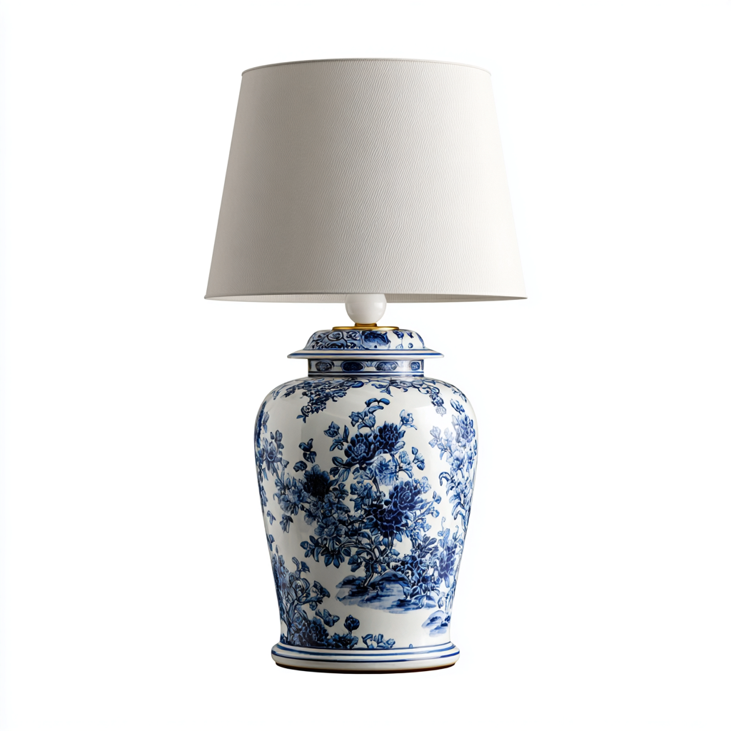 Lampe de table en porcelaine bleue et blanche avec abat-jour textile - 65x38x38 cm - style classique oriental-Shelterora