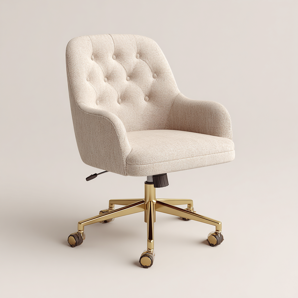 Chaise de bureau - tissu beige capitonné - 92x56x62 cm - accoudoirs intégrés - hauteur réglable - piètement à roulettes métal doré - design classique ergonomique-Shelterora