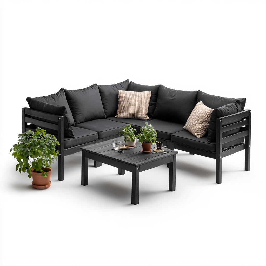 Canapé d'extérieur d'angle en bois noir 210x210x75 cm avec table basse assortie 80x80x40 cm - style moderne - pour jardin ou terrasse-Shelterora